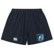 The Minneapolis Mayhem Rugby Yokohama Short by Canterbury features a black design with an elastic waistband, showcasing a white EMB Canterbury logo and a blue Minneapolis Mayhem Rugby team crest. Built for durability, comfort, and performance, these rugby shorts are ideal for both intense training sessions and match days.