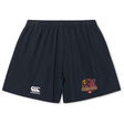The Godzilla Rugby Football Club Yokohama Short by Canterbury from EMB Canterbury features a navy design with an elastic waistband, the Canterbury rugby logo on the left leg, and a maroon and yellow Godzilla team emblem on the right leg, inspired by classic Yokohama Rugby Shorts.