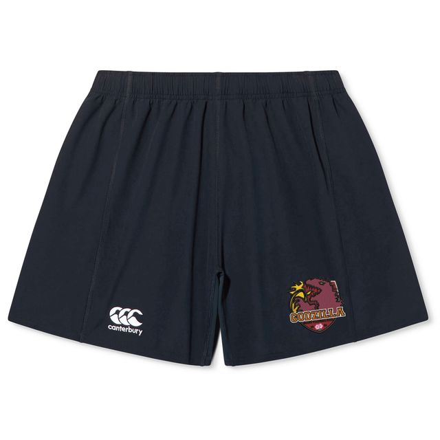 The Godzilla Rugby Football Club Yokohama Short by Canterbury from EMB Canterbury features a navy design with an elastic waistband, the Canterbury rugby logo on the left leg, and a maroon and yellow Godzilla team emblem on the right leg, inspired by classic Yokohama Rugby Shorts.