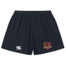 The Godzilla Rugby Football Club Yokohama Short by Canterbury from EMB Canterbury features a navy design with an elastic waistband, the Canterbury rugby logo on the left leg, and a maroon and yellow Godzilla team emblem on the right leg, inspired by classic Yokohama Rugby Shorts.