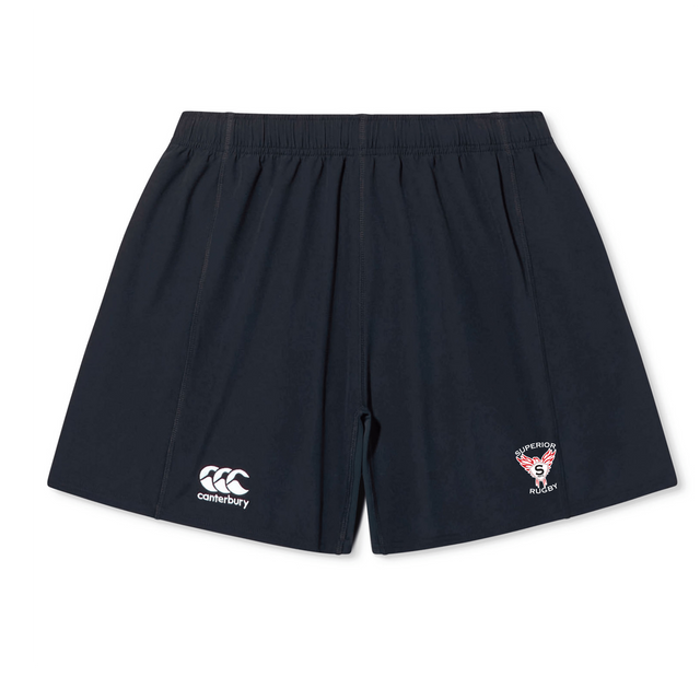 The EMB Canterbury Superior Rugby Club Yokohama Short is a black pair featuring the iconic logo on the left leg and a custom Superiors Rugby club crest on the right.