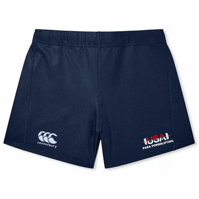 The USA Para Powerlifting Women's Yokohama Short by EMB Canterbury features Vapodri fabric, the Canterbury logo on the left, and a "USA Para Powerlifting" logo on the right.