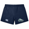 Navy blue University of New Hampshire Women’s Yokohama Short by Canterbury with a logo on the left leg and a wildcat mascot graphic with “Men’s Rugby” text on the right leg.