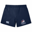 Navy blue SUNY Maritime Men’s Rugby Women’s Yokohama Short by Canterbury, featuring a logo on the left leg and a team emblem with an anchor and “Maritime Rugby” text on the right.