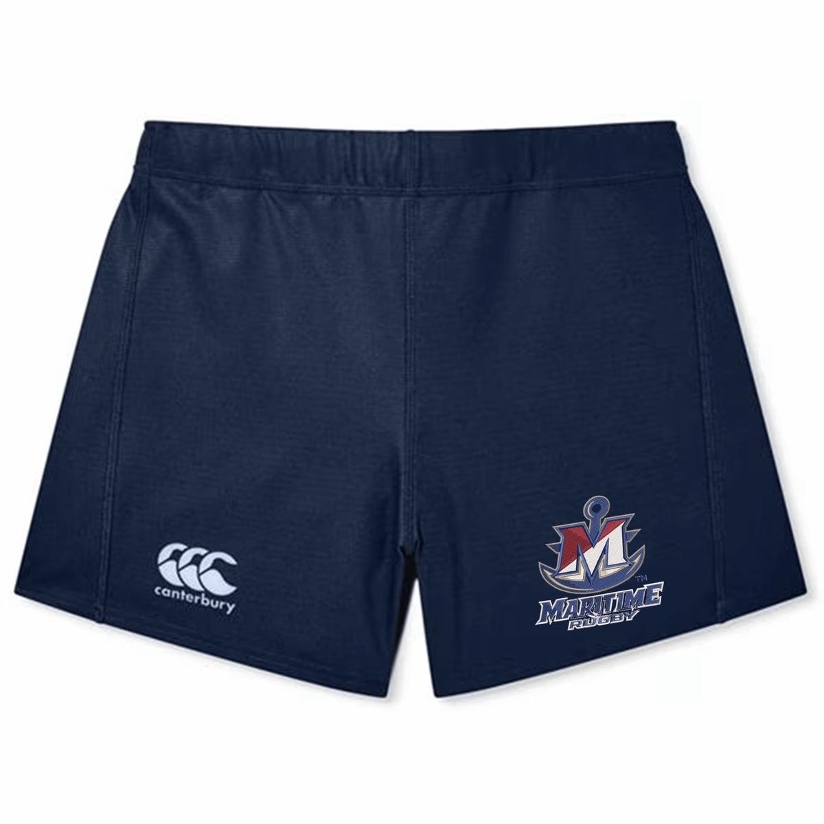 Navy blue SUNY Maritime Men’s Rugby Women’s Yokohama Short by Canterbury, featuring a logo on the left leg and a team emblem with an anchor and “Maritime Rugby” text on the right.