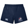 Navy blue SUNY Maritime Men’s Rugby Women’s Yokohama Short by Canterbury, featuring a logo on the left leg and a team emblem with an anchor and “Maritime Rugby” text on the right.