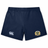 The Old Man Rivah Rugby Women's Yokohama Short by EMB Canterbury features navy blue fabric, the iconic Canterbury logo on the left leg, and an embroidered crest on the right—ideal for active performance.
