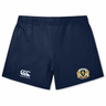 The Old Man Rivah Rugby Women's Yokohama Short by EMB Canterbury features navy blue fabric, the iconic Canterbury logo on the left leg, and an embroidered crest on the right—ideal for active performance.