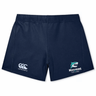The EMB Canterbury NC Rugby Academy - Megalodons Women's Yokohama Short features navy blue lightweight, durable fabric, a gathered waistband, the Canterbury logo on the left leg, and the Megalodons Rugby Academy logo on the right.