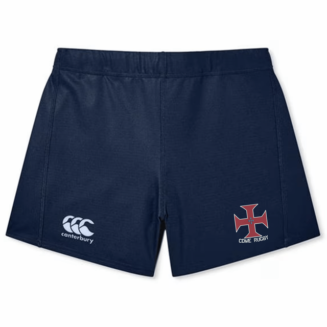 The SF CDME Rugby Women's Yokohama Short by Canterbury features a navy blue design with the distinctive EMB Canterbury logo on the left and a red cross emblem above the text “CCME RUGBY” on the right, making them perfect for women’s rugby or as stylish Yokohama Shorts.
