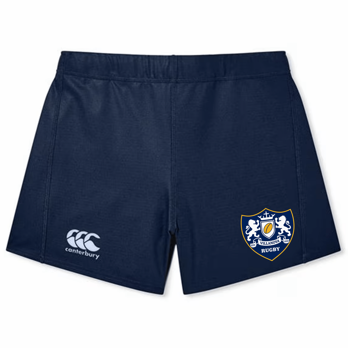 The Villanova Rugby Club Women’s Yokohama Short by Canterbury, crafted by EMB Canterbury, features a navy blue design inspired by the classic CCC Yokohama short. These women’s rugby shorts showcase a Canterbury logo on the left leg and a shield-shaped emblem reading “Rugby” on the right leg, delivering optimal comfort and performance for players on the field.
