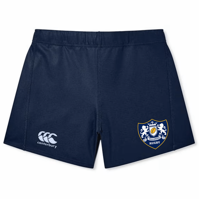 The Villanova Rugby Club Women’s Yokohama Short by Canterbury, crafted by EMB Canterbury, features a navy blue design inspired by the classic CCC Yokohama short. These women’s rugby shorts showcase a Canterbury logo on the left leg and a shield-shaped emblem reading “Rugby” on the right leg, delivering optimal comfort and performance for players on the field.