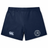 Navy blue EMB Canterbury women's Yokohama shorts featuring a "Canterbury" logo on the left leg and a "Saint Anselm College Club Rugby" crest on the right, inspired by classic athletic styles.