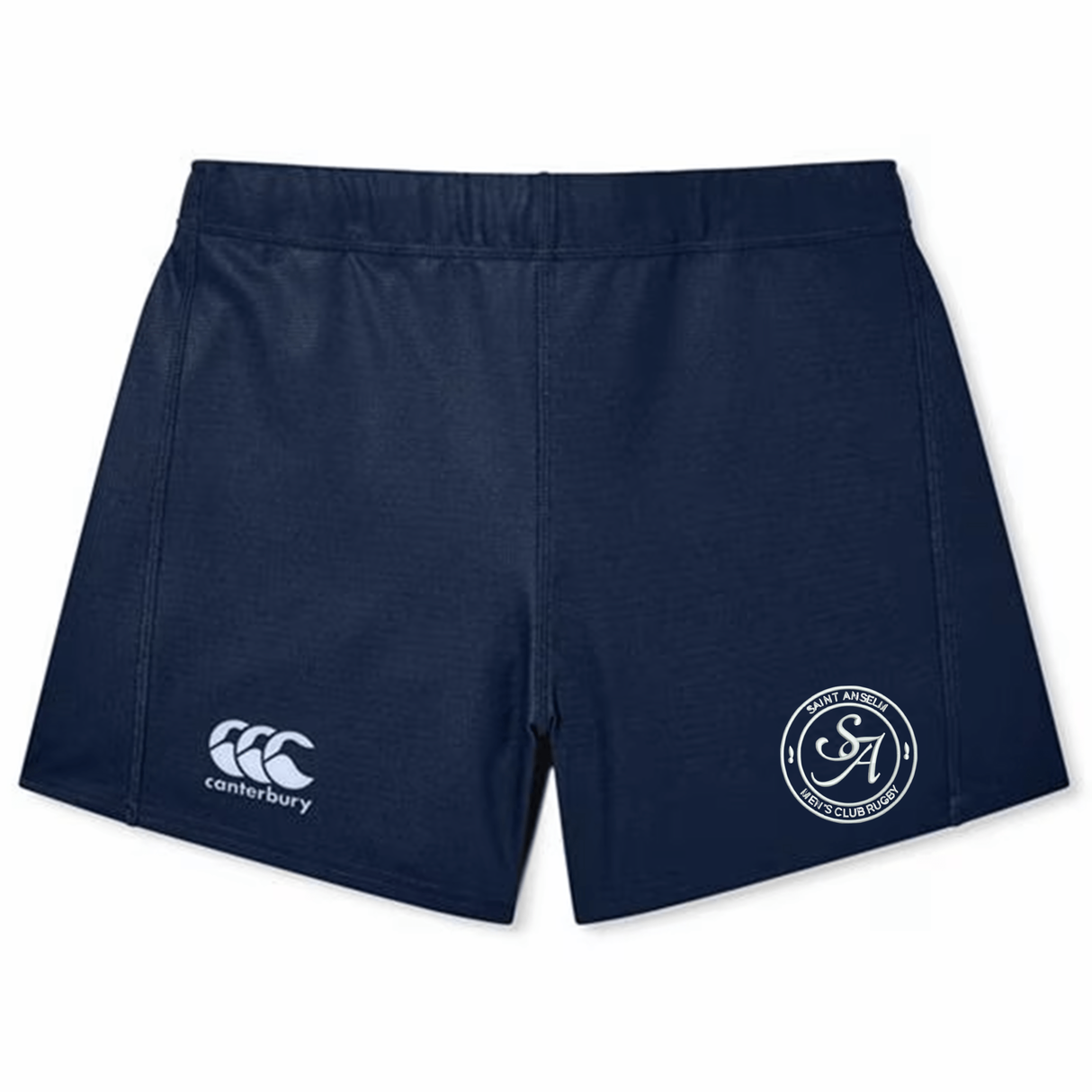 Navy blue EMB Canterbury women's Yokohama shorts featuring a "Canterbury" logo on the left leg and a "Saint Anselm College Club Rugby" crest on the right, inspired by classic athletic styles.