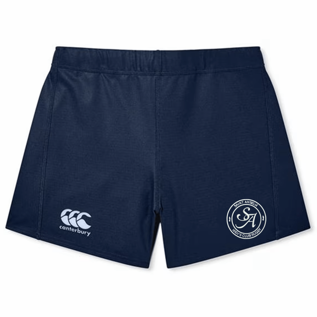Navy blue EMB Canterbury women's Yokohama shorts featuring a "Canterbury" logo on the left leg and a "Saint Anselm College Club Rugby" crest on the right, inspired by classic athletic styles.