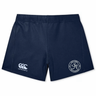 Navy blue EMB Canterbury women's Yokohama shorts featuring a "Canterbury" logo on the left leg and a "Saint Anselm College Club Rugby" crest on the right, inspired by classic athletic styles.
