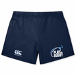 The Play Rugby USA Women’s Yokohama Short by EMB Canterbury features classic navy blue Vapodri fabric for superior comfort and breathability. These rugby shorts display both the Canterbury and Play Rugby USA logos on the front, and are pictured laid flat against a plain background.