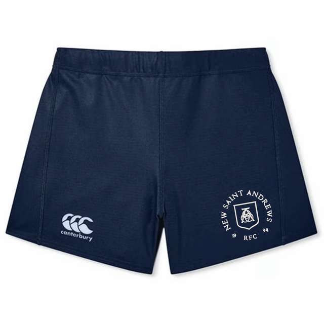 The New Saint Andrews College Women’s Yokohama Short by Canterbury, from EMB Canterbury, are navy blue athletic shorts made with Vapodri fabric and adorned with the classic “Canterbury” logo plus the “New Saint Andrews RFC 1994” crest printed in white on the left leg—perfect rugby shorts for women inspired by Canterbury’s Yokohama design.