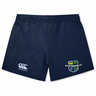 The Kingwood Rugby Women's Yokohama Short by EMB Canterbury features Vapodri fabric, a white Canterbury logo on the left leg, and a vibrant school crest on the right—ideal for women's rugby.