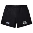 The Missoula All-Maggots Women's Yokohama Short by EMB Canterbury features black athletic shorts with a white Canterbury logo on the left leg and a white spiral pattern on the right leg, displayed against a plain white background. Designed as lightweight and durable sportswear, these shorts are ideal for women's rugby or any active lifestyle.