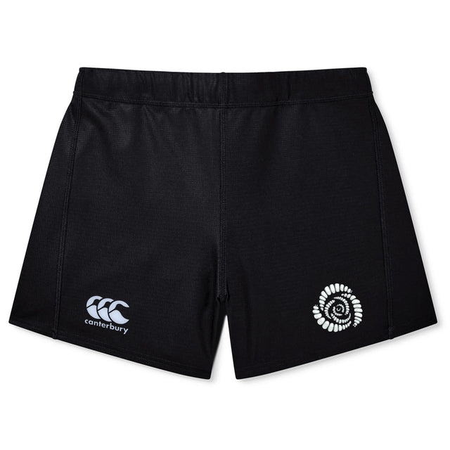 The Missoula All-Maggots Women's Yokohama Short by EMB Canterbury features black athletic shorts with a white Canterbury logo on the left leg and a white spiral pattern on the right leg, displayed against a plain white background. Designed as lightweight and durable sportswear, these shorts are ideal for women's rugby or any active lifestyle.