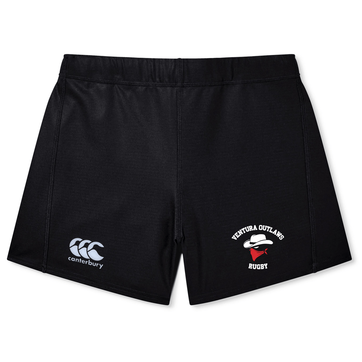 The Ventura Outlaws Rugby Women's Yokohama Short by Canterbury features a pair of black rugby shorts with the CCC logo on the left leg, crafted from lightweight durable fabric, and adorned with the Ventura Outlaws Rugby emblem on the right leg.