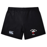 The Ventura Outlaws Rugby Women's Yokohama Short by Canterbury features a pair of black rugby shorts with the CCC logo on the left leg, crafted from lightweight durable fabric, and adorned with the Ventura Outlaws Rugby emblem on the right leg.