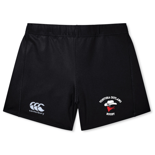 The Ventura Outlaws Rugby Women's Yokohama Short by Canterbury features a pair of black rugby shorts with the CCC logo on the left leg, crafted from lightweight durable fabric, and adorned with the Ventura Outlaws Rugby emblem on the right leg.