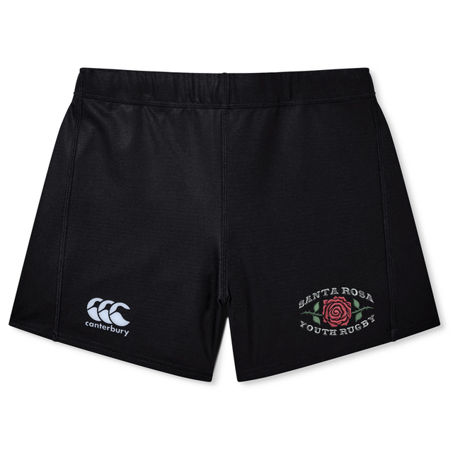 The Santa Rosa Youth Rugby Women’s Yokohama Short by EMB Canterbury features a classic black design, with a “Santa Rosa Youth Rugby” logo and red rose on the right leg and the Canterbury logo on the left leg. Perfect for women’s rugby or anyone who appreciates quality design.