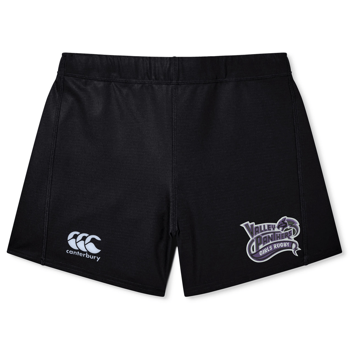 Introducing the Valley Panthers Girls Rugby Women’s Yokohama Short by EMB Canterbury. These black rugby shorts feature the iconic Canterbury logo on the left leg and a striking “Valley Panthers Girls Rugby” emblem on the right leg. Designed for female athletes, these shorts combine performance and comfort for wear both on and off the field.