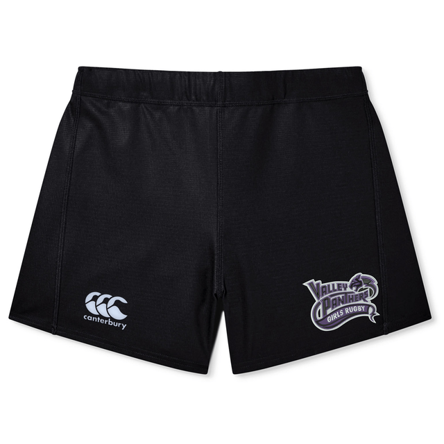 Introducing the Valley Panthers Girls Rugby Women’s Yokohama Short by EMB Canterbury. These black rugby shorts feature the iconic Canterbury logo on the left leg and a striking “Valley Panthers Girls Rugby” emblem on the right leg. Designed for female athletes, these shorts combine performance and comfort for wear both on and off the field.