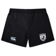 The South Orange County Raptors Women’s Yokohama Short by EMB Canterbury are black athletic women’s rugby shorts crafted from lightweight, durable fabric, offering a secure fit. They feature a white Canterbury logo on the left leg and a sports team crest with an eagle and text on the right leg.