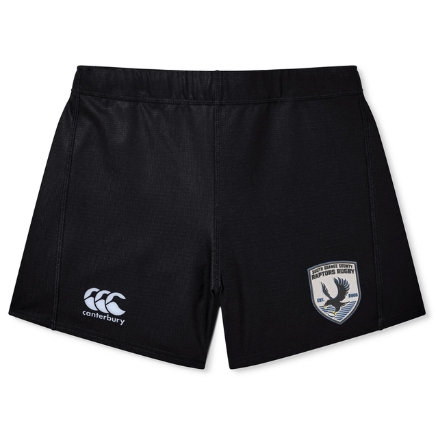 The South Orange County Raptors Women’s Yokohama Short by EMB Canterbury are black athletic women’s rugby shorts crafted from lightweight, durable fabric, offering a secure fit. They feature a white Canterbury logo on the left leg and a sports team crest with an eagle and text on the right leg.