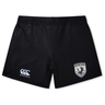 The South Orange County Raptors Women’s Yokohama Short by EMB Canterbury are black athletic women’s rugby shorts crafted from lightweight, durable fabric, offering a secure fit. They feature a white Canterbury logo on the left leg and a sports team crest with an eagle and text on the right leg.