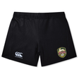The RVA T.R.C. Women’s Yokohama Short by EMB Canterbury features a black design with the iconic Canterbury logo on the left leg and the RVA rugby club crest on the right, made from lightweight Vapodri fabric for maximum comfort—ideal women’s rugby shorts, shown against a plain white background.