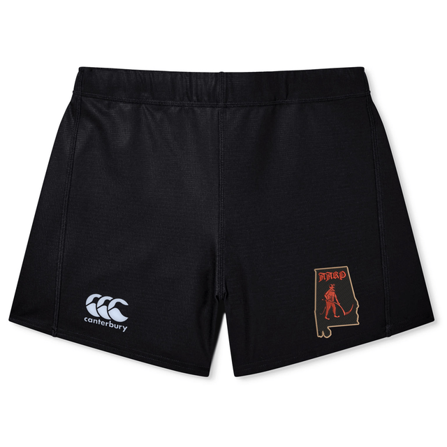 Black EMB Canterbury Aging Alabama Rugby Players Women’s Yokohama Short with a white logo on the left leg and a red graphic of the state of Alabama with a hockey player on the right leg.