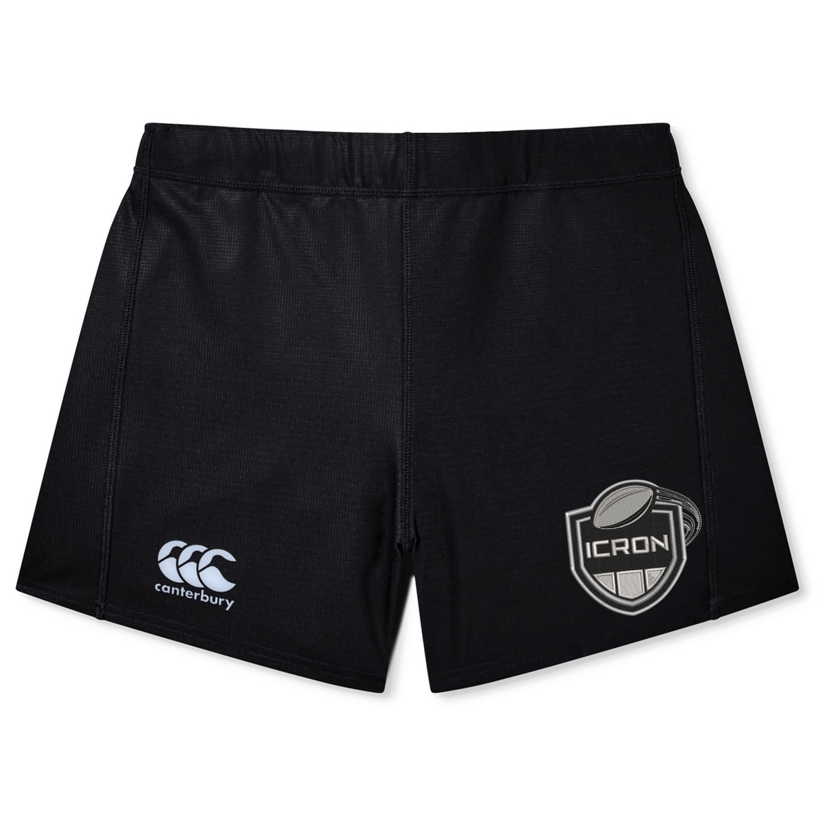 Black ICRON Women’s Yokohama Short by Canterbury with an ICRON logo on the right leg and a brand logo on the left.