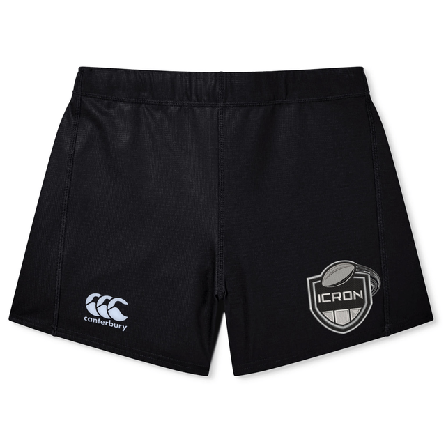Black ICRON Women’s Yokohama Short by Canterbury with an ICRON logo on the right leg and a brand logo on the left.