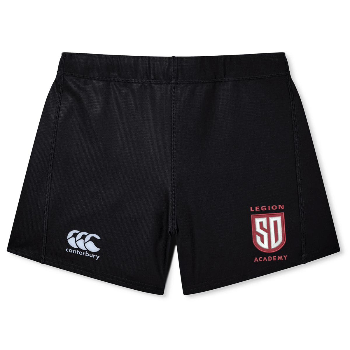 Black Legion Academy Women’s Yokohama Short by Canterbury with a white logo on the left leg and a red and white “Legion Academy SD” emblem on the right leg.