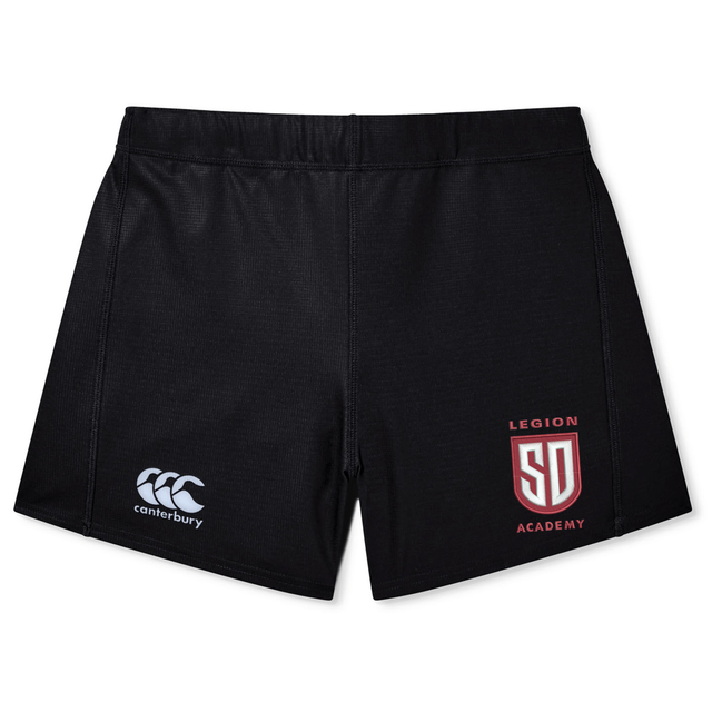 Black Legion Academy Women’s Yokohama Short by Canterbury with a white logo on the left leg and a red and white “Legion Academy SD” emblem on the right leg.