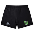Black Rock Rugby Women’s Yokohama Short by Canterbury featuring a white logo on the left leg and a green and black “Rock Rugby Lions” shield emblem on the right.