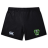Black Rock Rugby Women’s Yokohama Short by Canterbury featuring a white logo on the left leg and a green and black “Rock Rugby Lions” shield emblem on the right.