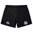 The SWFL Lady Hammerheads Women's Yokohama Short by WRS Canterbury features black athletic rugby shorts with a Canterbury logo on the left leg and a South Logan Hammerheads logo on the right, made from lightweight, durable fabric for a secure fit.