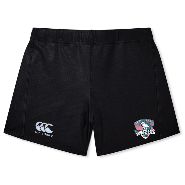 The SWFL Lady Hammerheads Women's Yokohama Short by WRS Canterbury features black athletic rugby shorts with a Canterbury logo on the left leg and a South Logan Hammerheads logo on the right, made from lightweight, durable fabric for a secure fit.