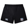 The SWFL Lady Hammerheads Women's Yokohama Short by WRS Canterbury features black athletic rugby shorts with a Canterbury logo on the left leg and a South Logan Hammerheads logo on the right, made from lightweight, durable fabric for a secure fit.