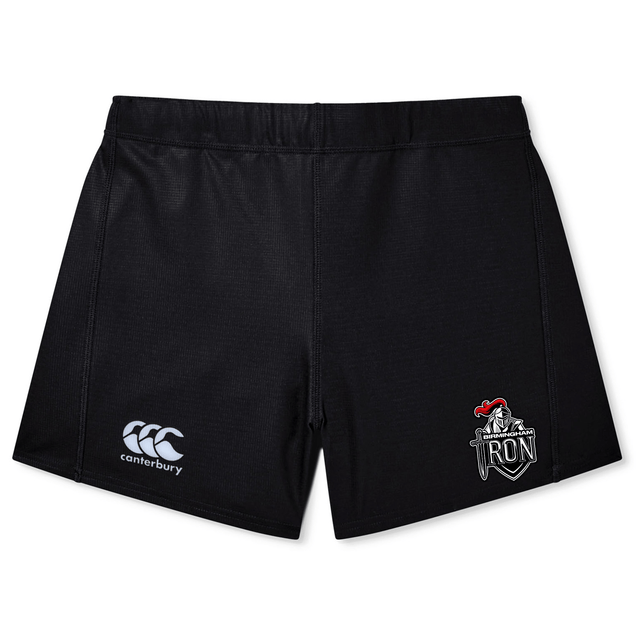 The EMB Canterbury Birmingham Iron Women's Football Yokohama Short features a white logo on the left leg and an Iron Knights emblem on the right, blending style and performance for women on the field.