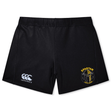 The Spartan Youth Rugby Women's Yokohama Short by EMB Canterbury features black fabric, a Canterbury logo on the left leg, and a Spartan South Room crest on the right, combining style and performance for women's rugby.