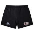 The East Stroudsburg University Women's Yokohama Short by EMB Canterbury features lightweight, durable black fabric with the Canterbury logo on the left leg and "ESU Rugby" on the right—ideal for women's rugby games.