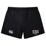 The East Stroudsburg University Women's Yokohama Short by EMB Canterbury features lightweight, durable black fabric with the Canterbury logo on the left leg and "ESU Rugby" on the right—ideal for women's rugby games.