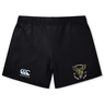Introducing the Hornets Rugby Club 1977 Women's Yokohama Short by Canterbury—crafted by EMB Canterbury. These black rugby shorts feature the classic Canterbury logo on the left leg, while the right leg showcases a bold yellow hornet and "Hornets Rugby Club 1977" detailing. Designed for optimal performance and contemporary style, these women's rugby shorts are perfect for training sessions and match days alike.